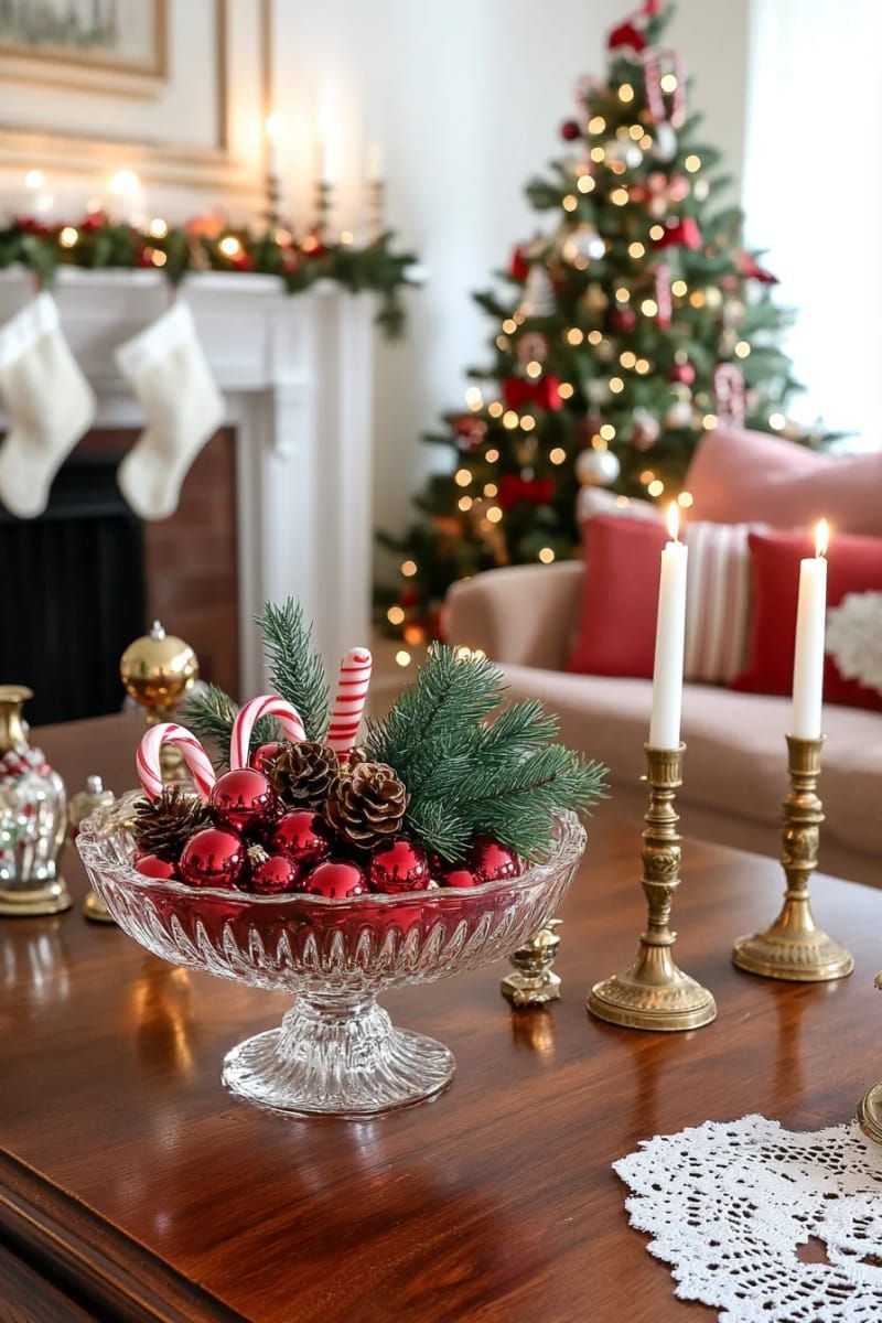 4. Vintage Punch Bowl Filled with Ornaments and Pinecones