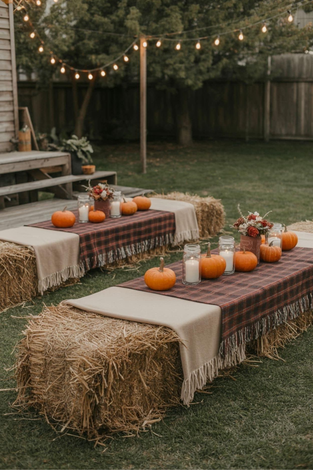 Backyard Hay Bale Tables with Pumpkin Decor