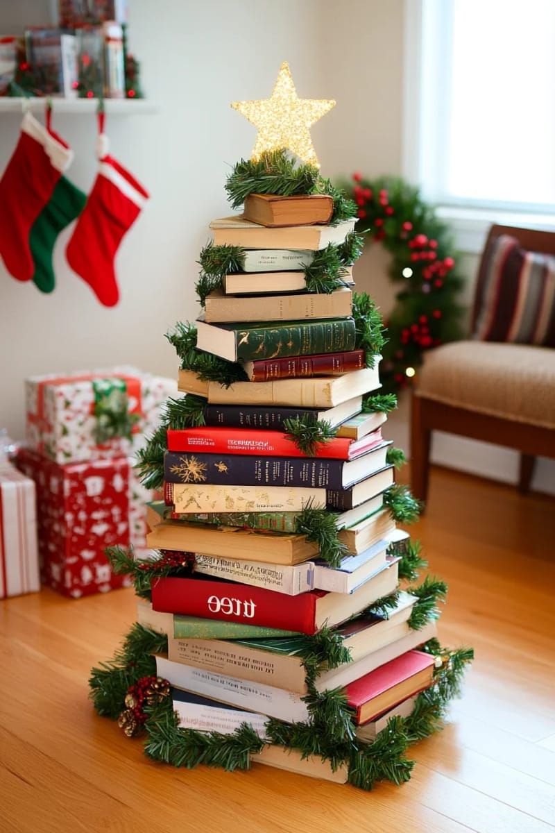 19. Stacked book tree wrapped in greenery and lights - photo 2