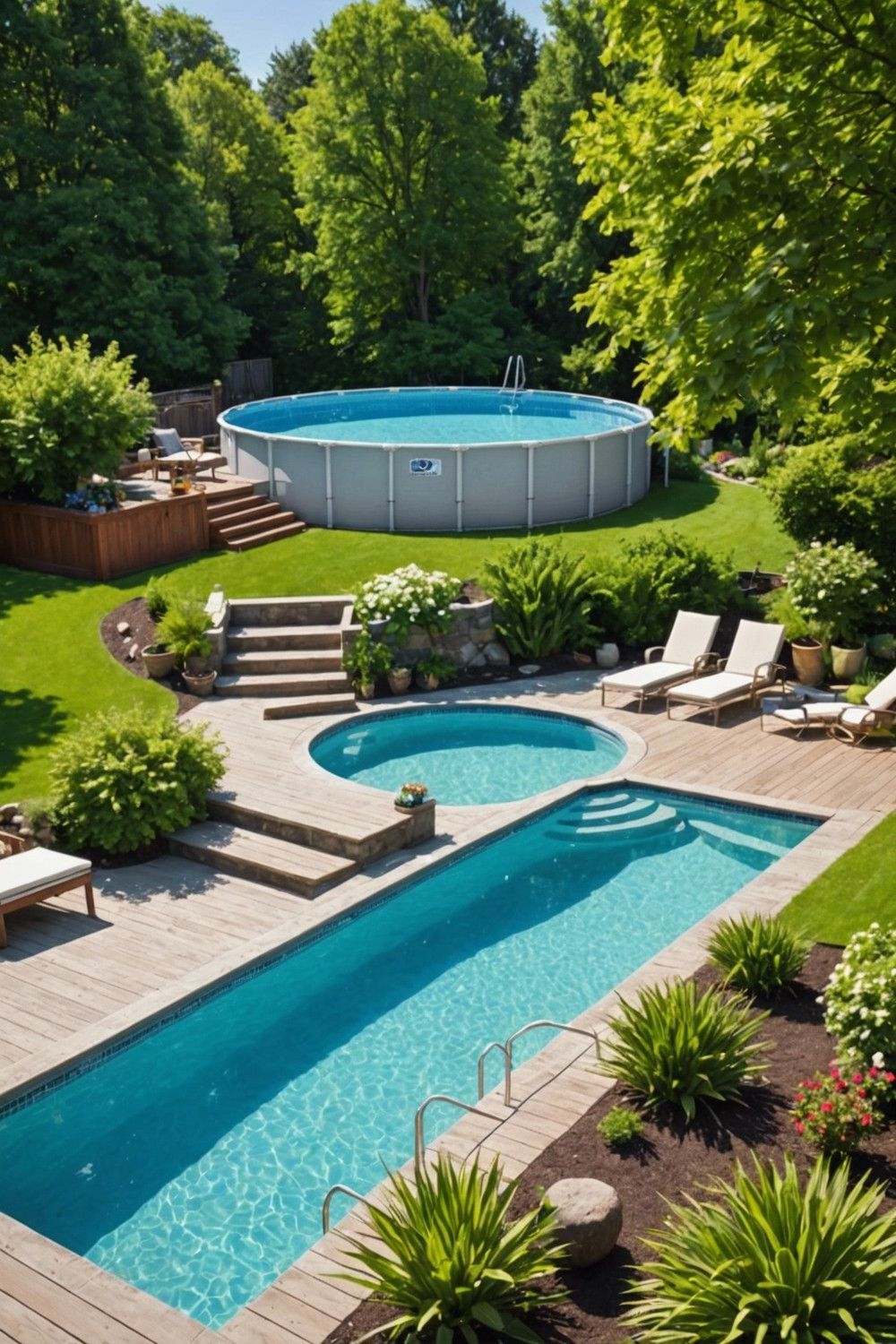 Wide-Tread Steps Connecting Pool and Deck