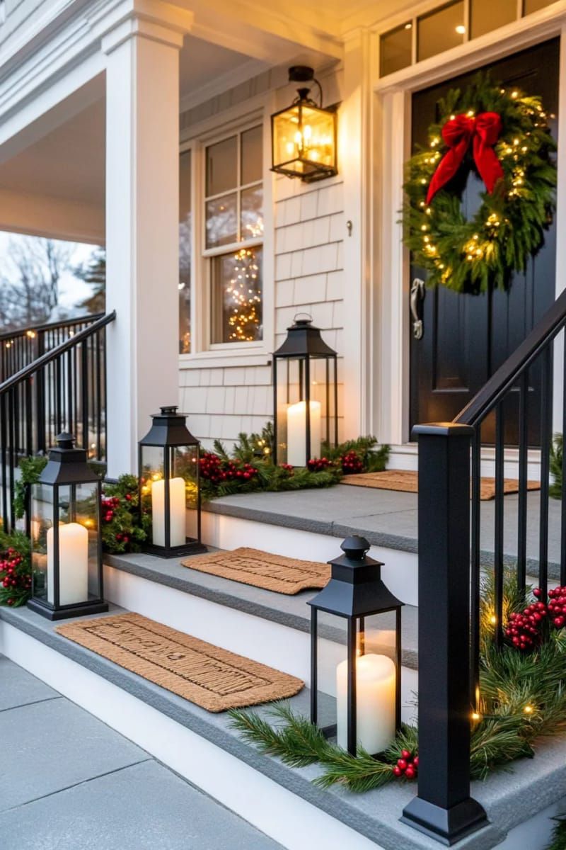 21. Porch lanterns with pillar candles and fir sprigs