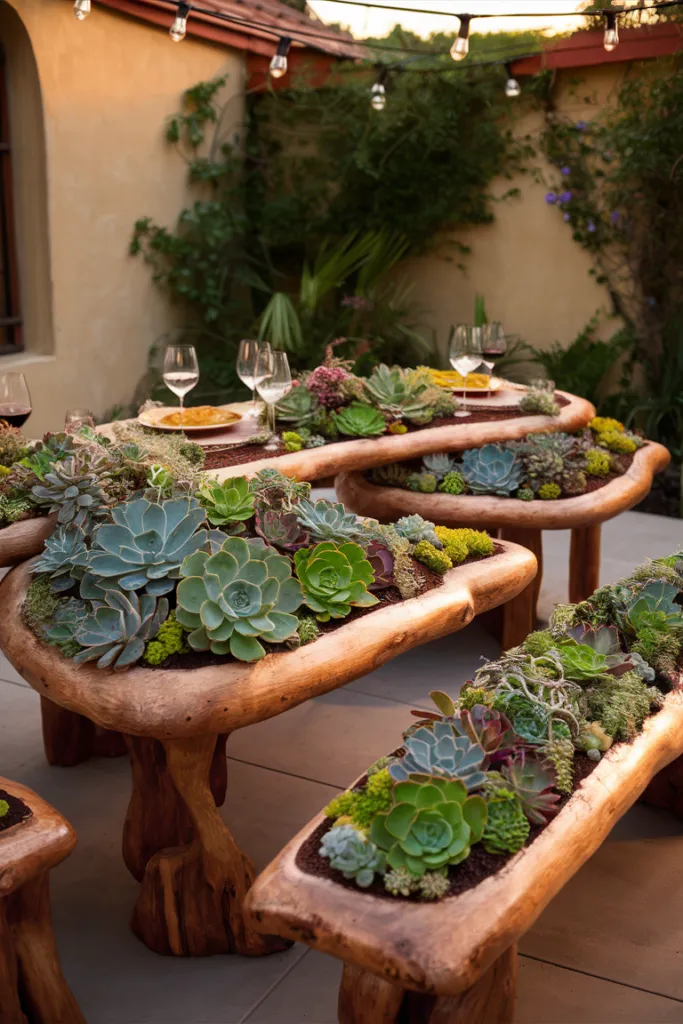 Tables and Benches Topped with Succulents