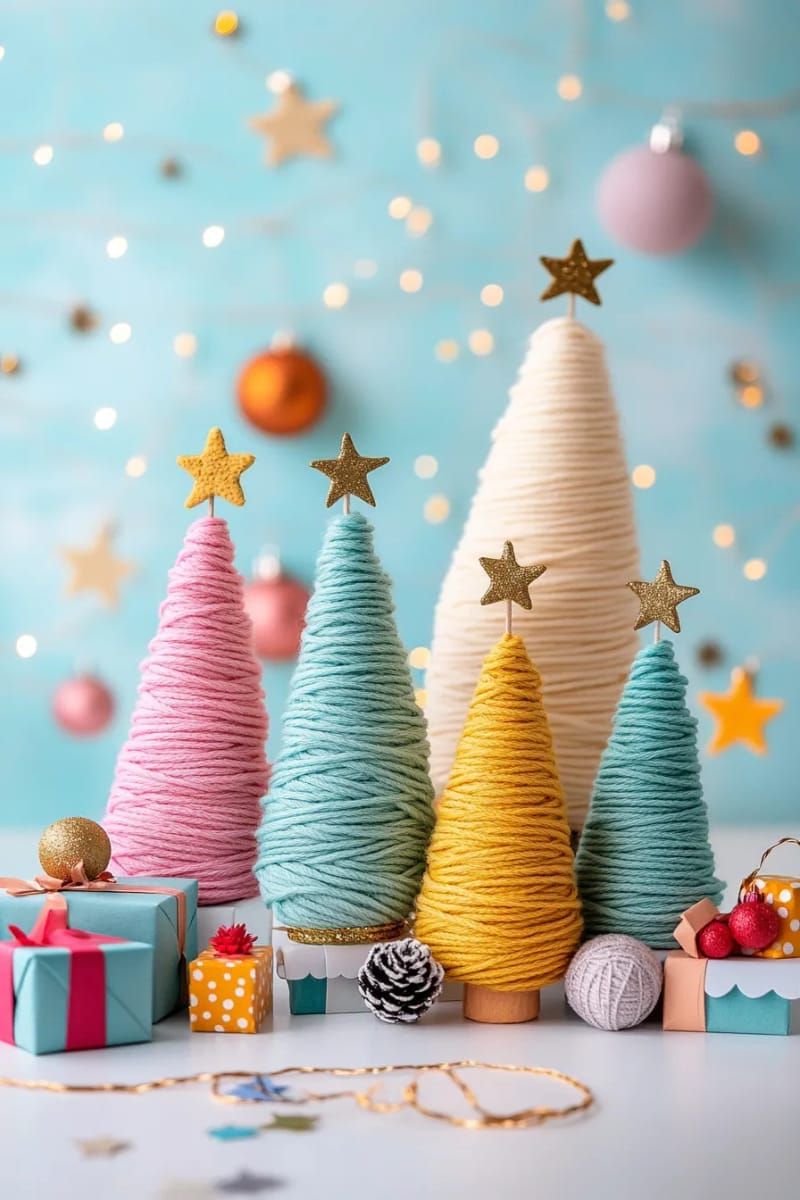 18. Yarn-wrapped cone trees clustered together
