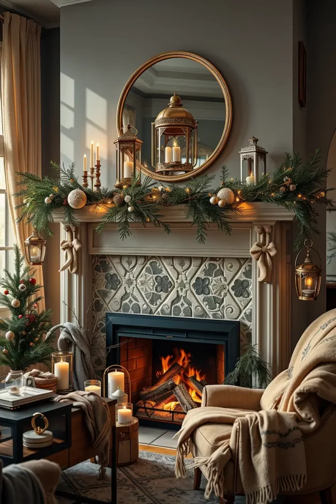 Festive Hanging Lanterns for a Christmas Fireplace