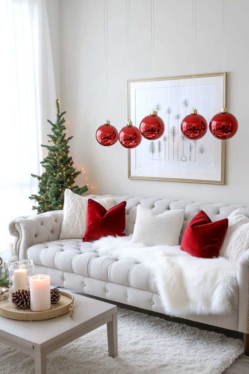 14. Floating Red Ornaments Hung Above the Sofa