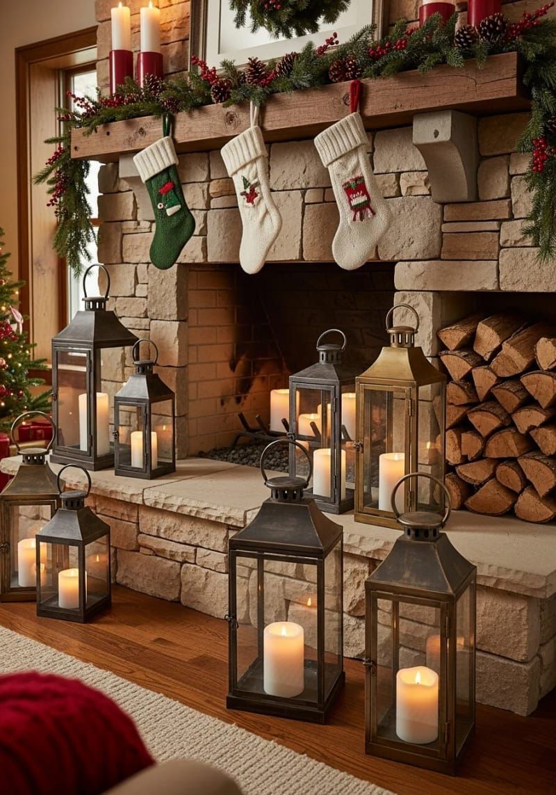 23. Antique Lanterns With Candles by the Fireplace - photo 2
