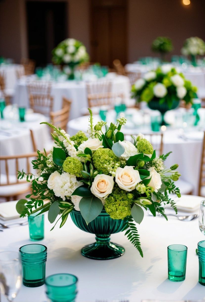 3) Emerald and Ivory Floral Centerpieces