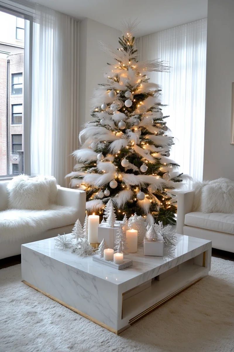 14. All-White Tree With Baubles and Feathers