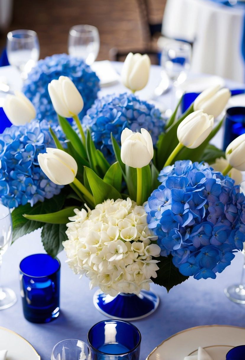 1) Blue hydrangeas paired with white tulips