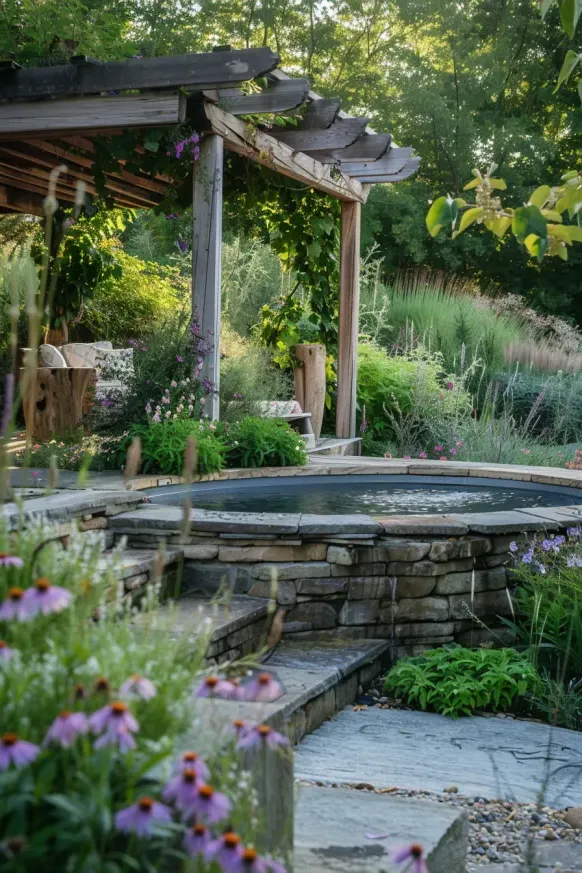 Calm Poolside Featuring Stone and Wood