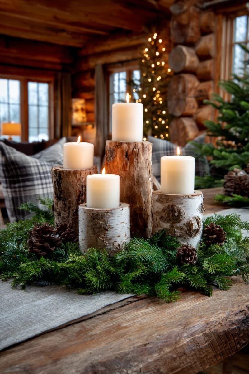 5. Birch Log Candle Holders With Evergreen Branches