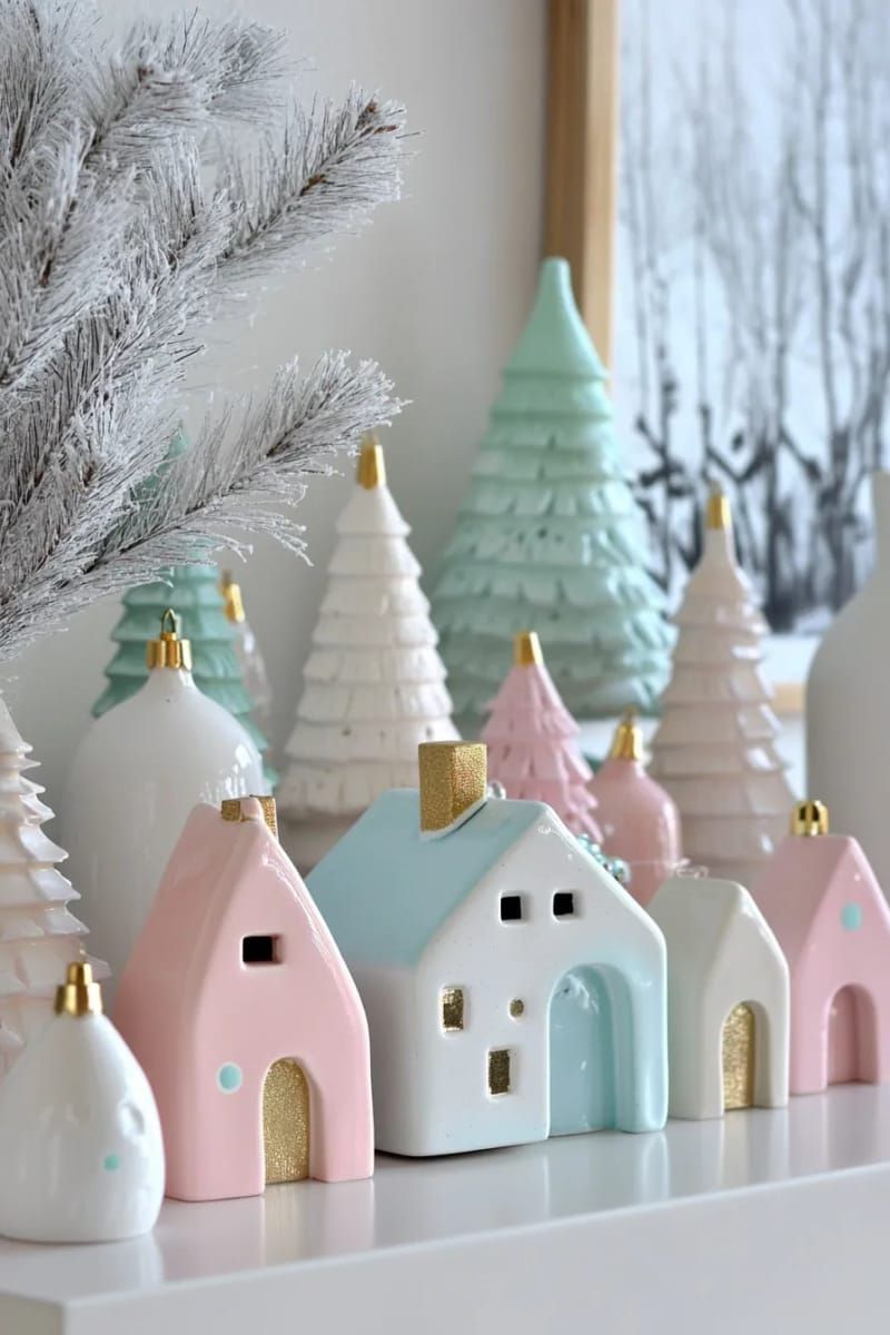 9. Pastel Ceramic Village With Bottle Brush Trees