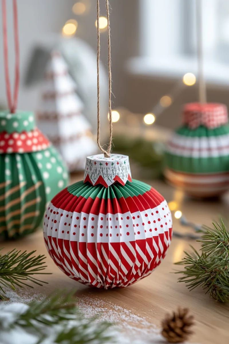 12. Striped and Polka Dot 3D Paper Baubles