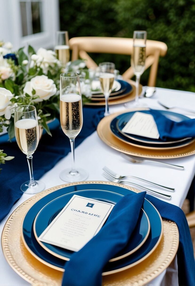 9) Navy blue and champagne tableware