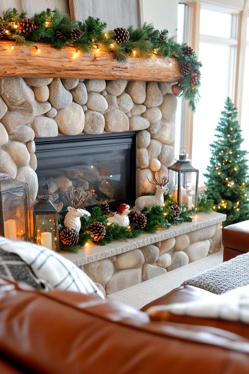 1. Pinecone Garland Over a Rustic Mantel