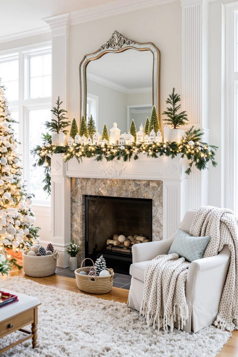 6. Charming white homes and small green trees adorning a snug fireplace mantel