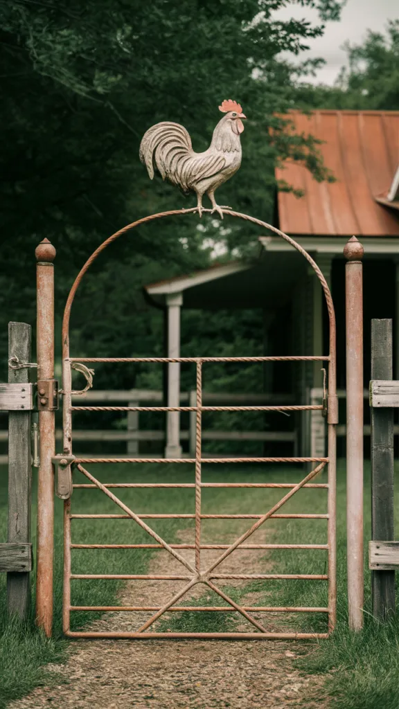 Farmhouse Metal Gate with Rooster Accents