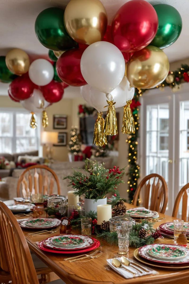 12. Hanging balloon ornaments above the dinner table