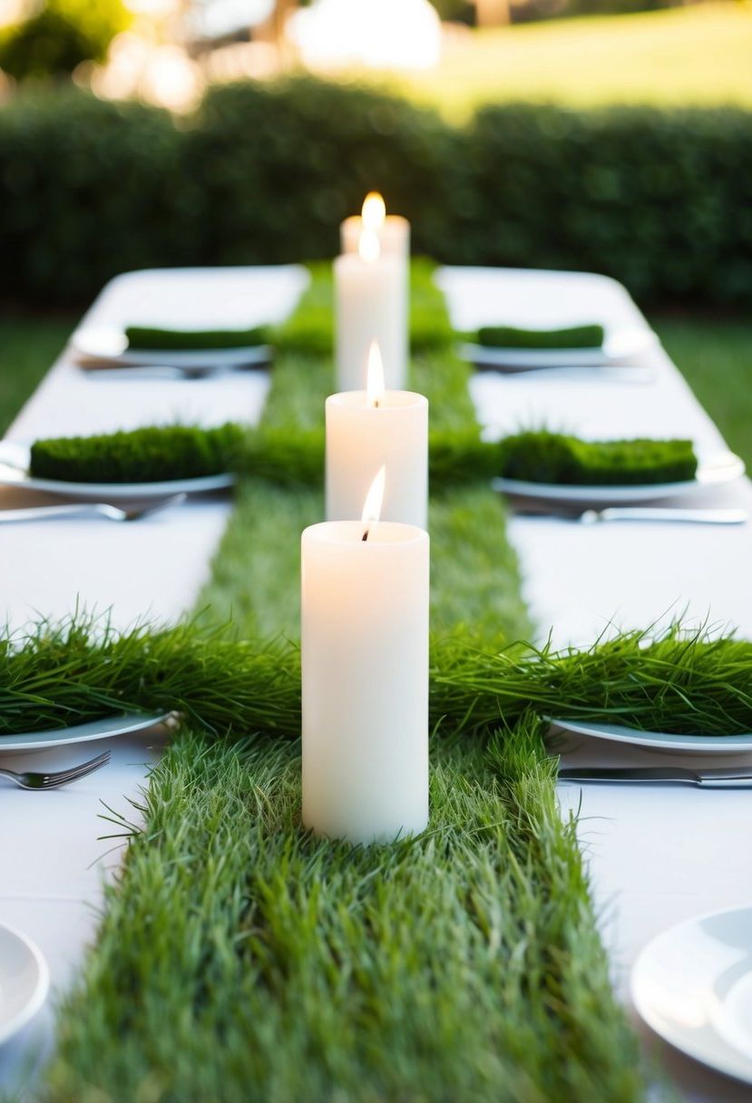 6) White Candleholders With Grass Table Runners