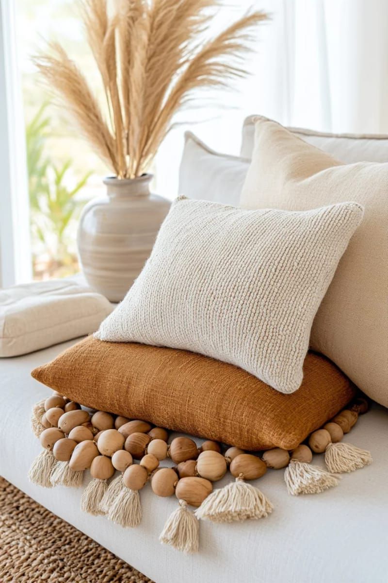 7. Wooden Bead Garland on Knit Pillows