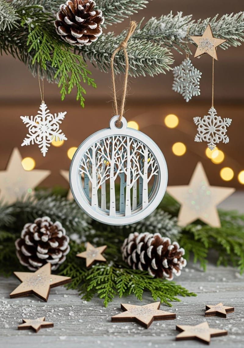 14. Layered birch tree silhouette ornament for a woodland look