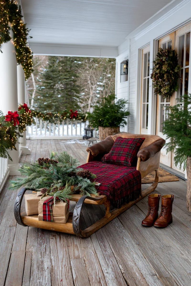 28. Porch sled styled with plaid blankets and pine sprigs - photo 3