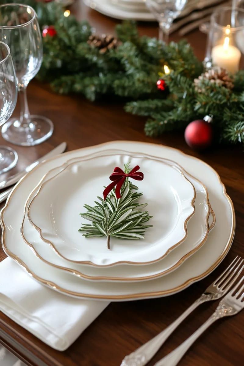 30. Rosemary sprig place settings on dinner plates