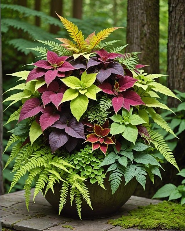Woodland Coleus Container With Ferns and Moss