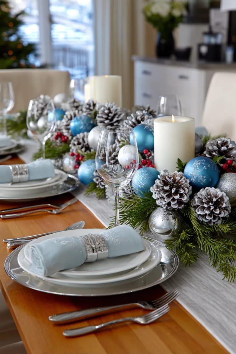 26. Blue and Silver Ornaments With Frosted Pinecones - photo 2