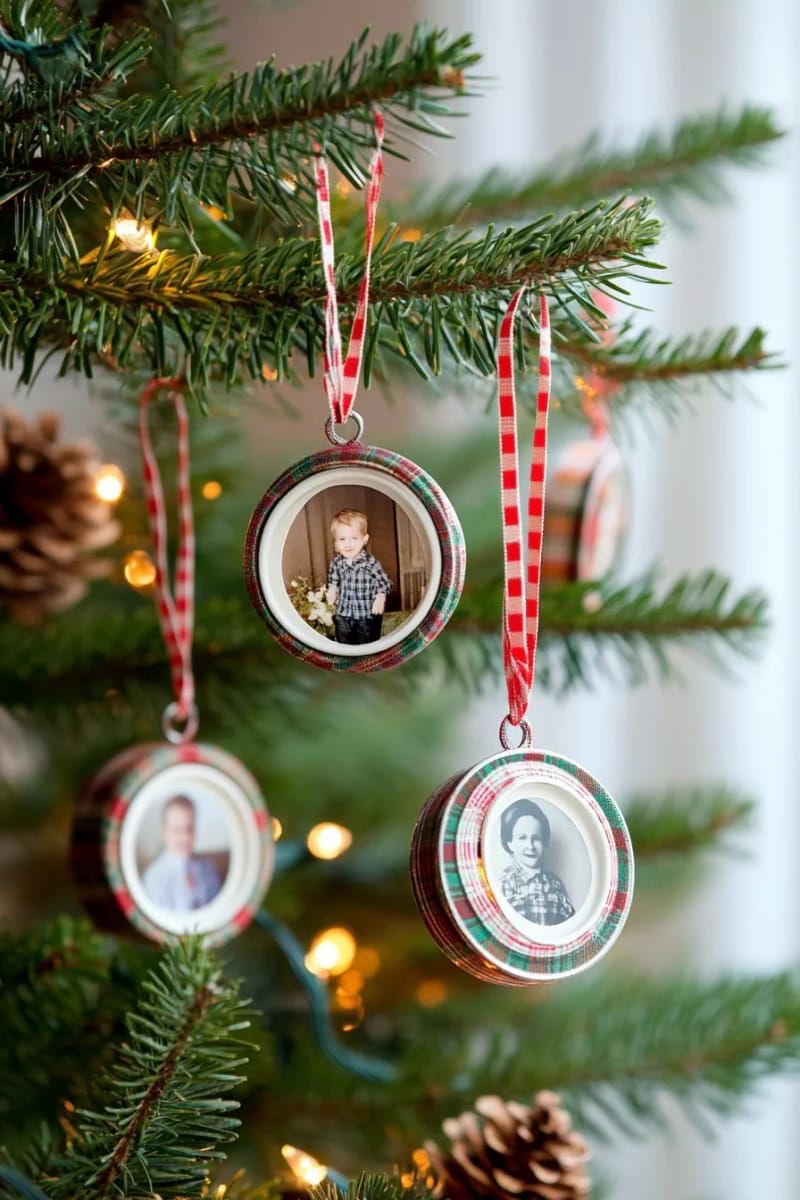 20. Repurposed tin lid photo decorations with plaid ribbon hangers