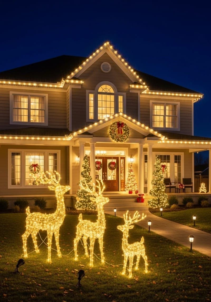 1. Fairy-lit golden reindeer family on the lawn