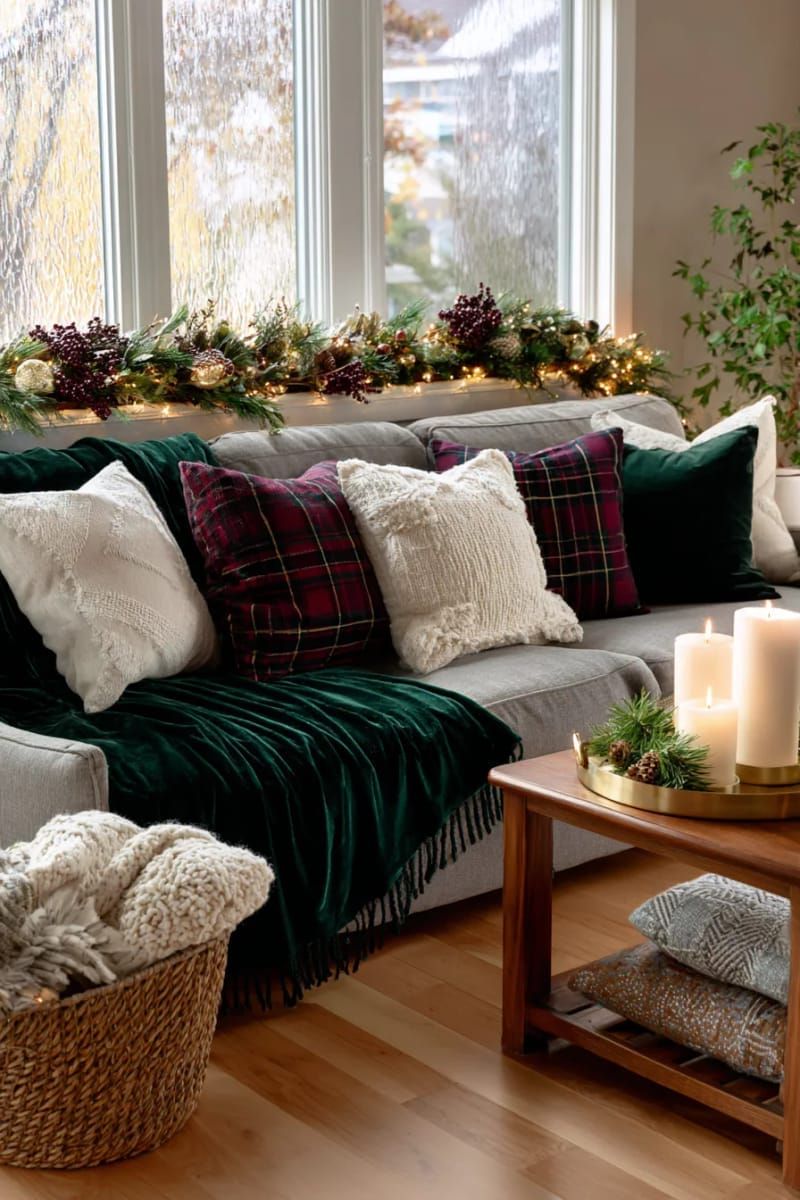 1. Cozy sofa styling with plaid pillows and garland - photo 2