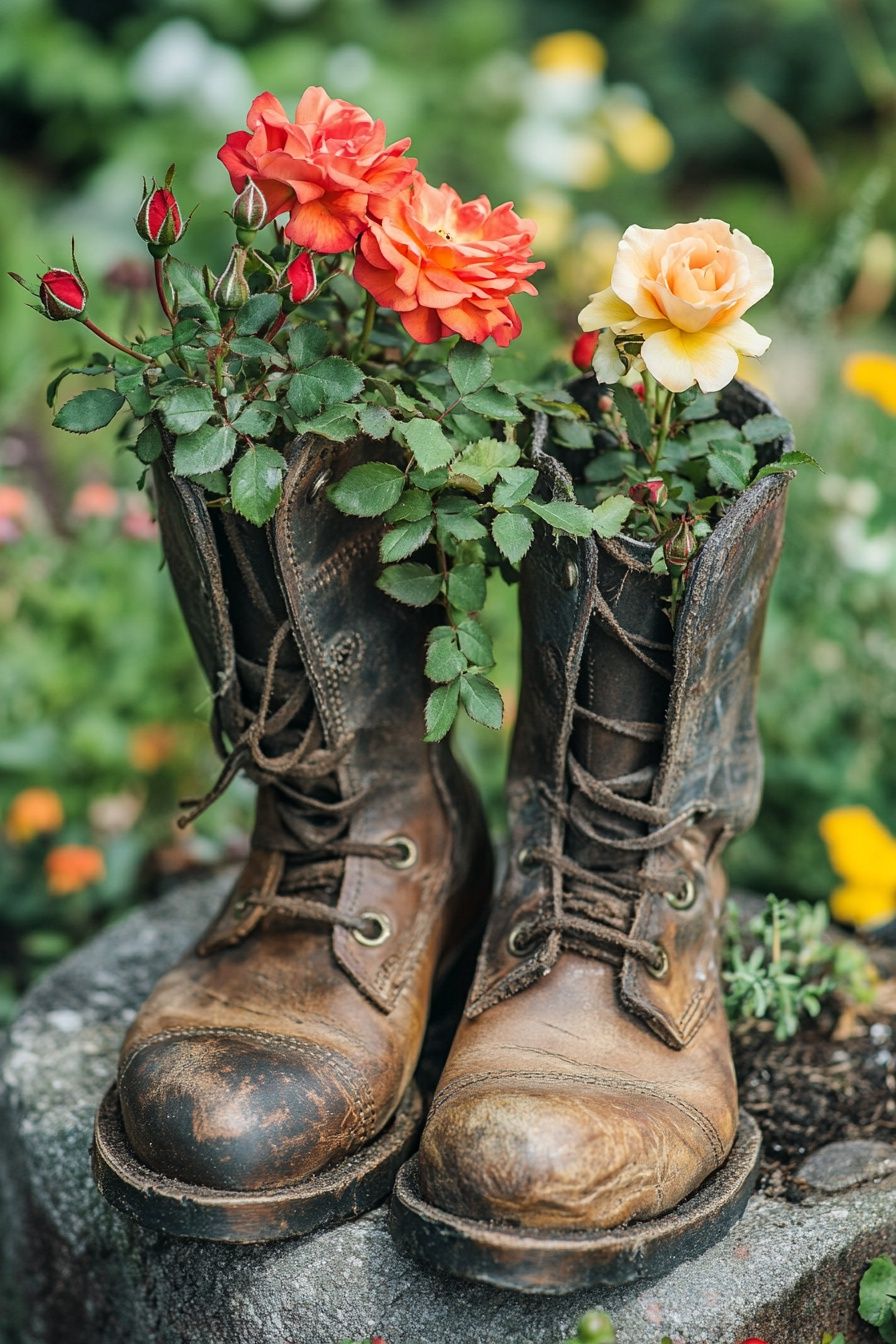 15. Turn Worn-Out Boots into Flower Planters