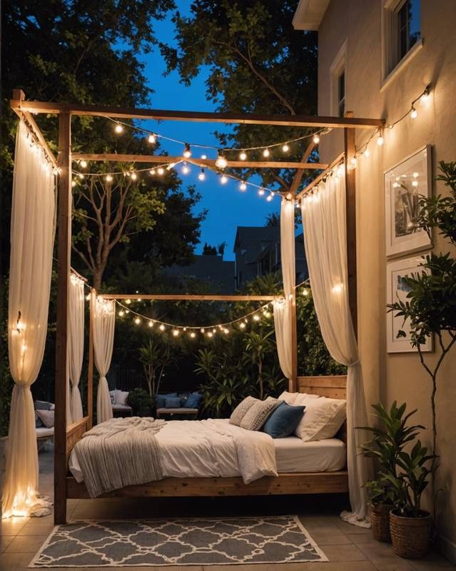 Glamorous Patio with Canopy Bed and String Lights