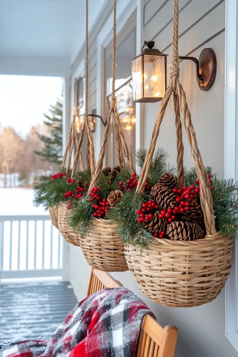 3. Pinecone and Berry Baskets by the Porch Light