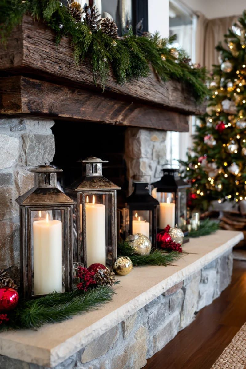 23. Antique Lanterns With Candles by the Fireplace
