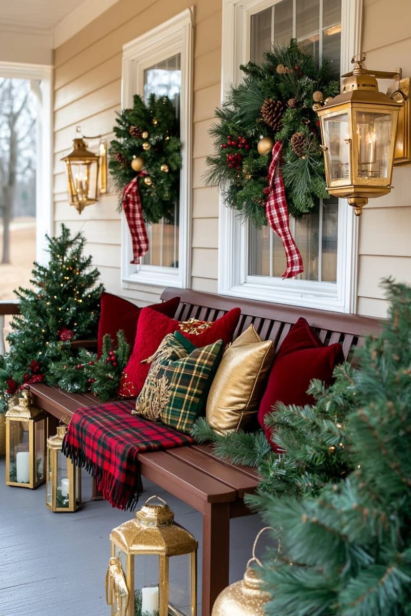 7. Plaid Throws And Gold-Trimmed Porch Cushions