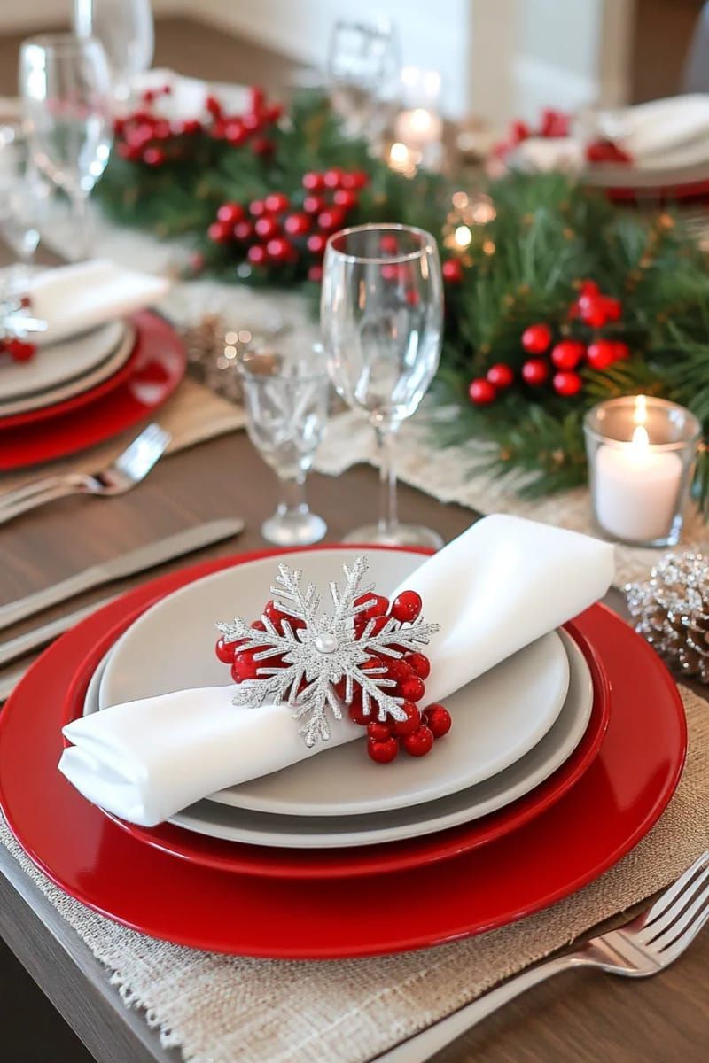 7. Red Chargers With Snowflake Napkin Rings