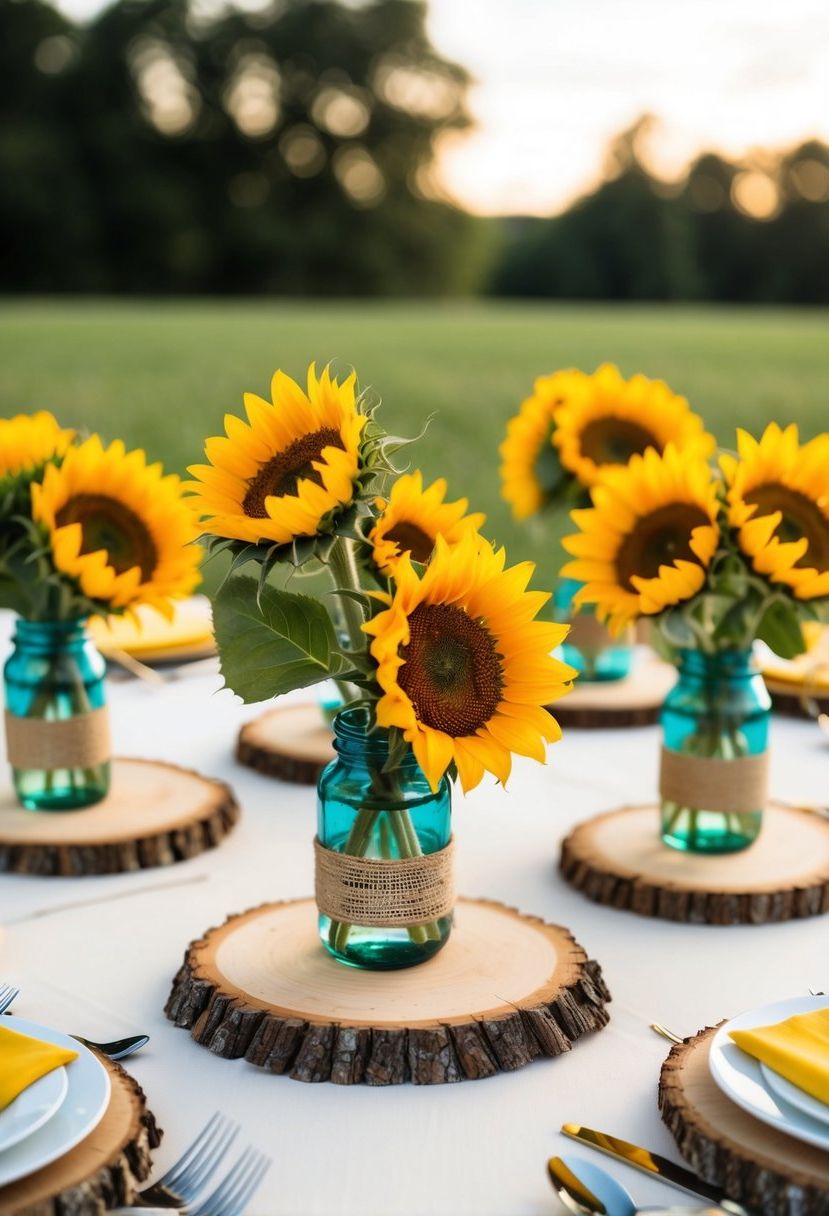 1) Rustic wood slices with sunflowers