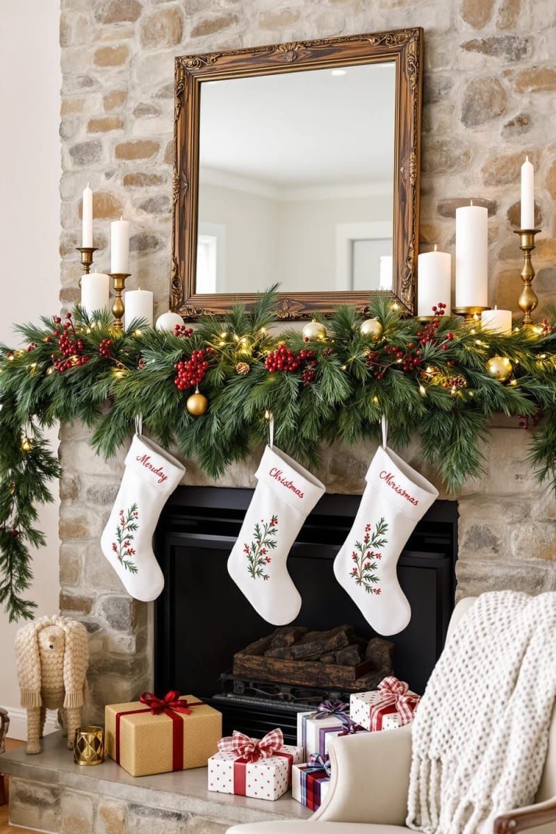3. Mantle decorated with pine garland and berries