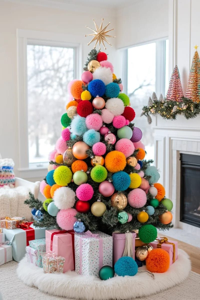 11. Bold rainbow tree with pom-poms and bright ornaments - photo 2