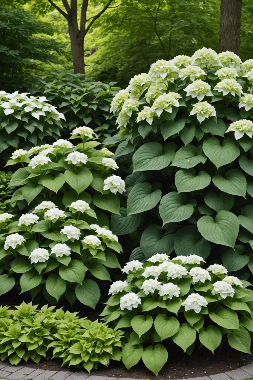 Natural Garden Style with White Hydrangeas and Variegated Hostas