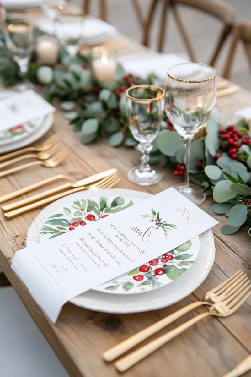 25. Watercolor Holly Menus With Handwritten Names - photo 2