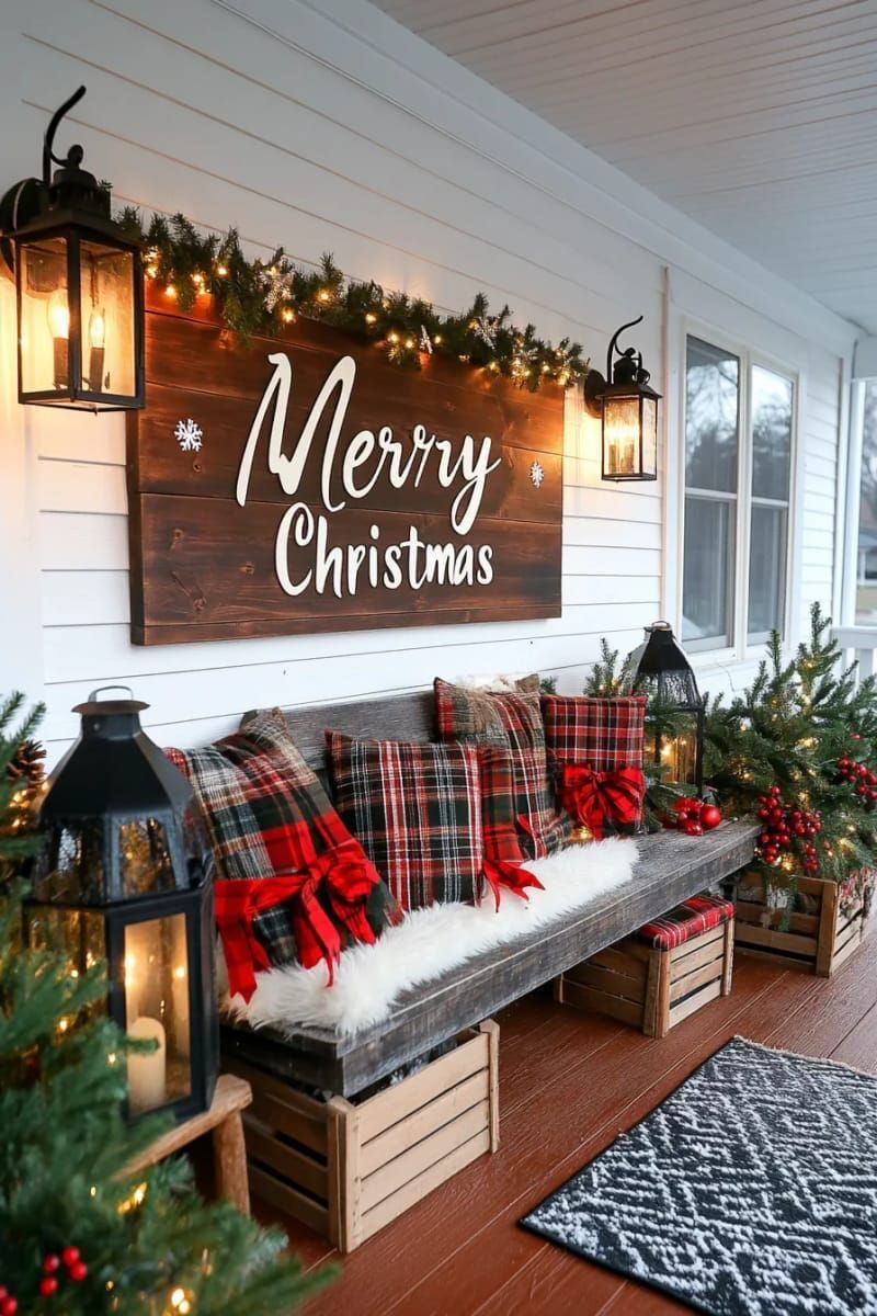 16. Wood Merry Christmas Sign with Plaid Bows