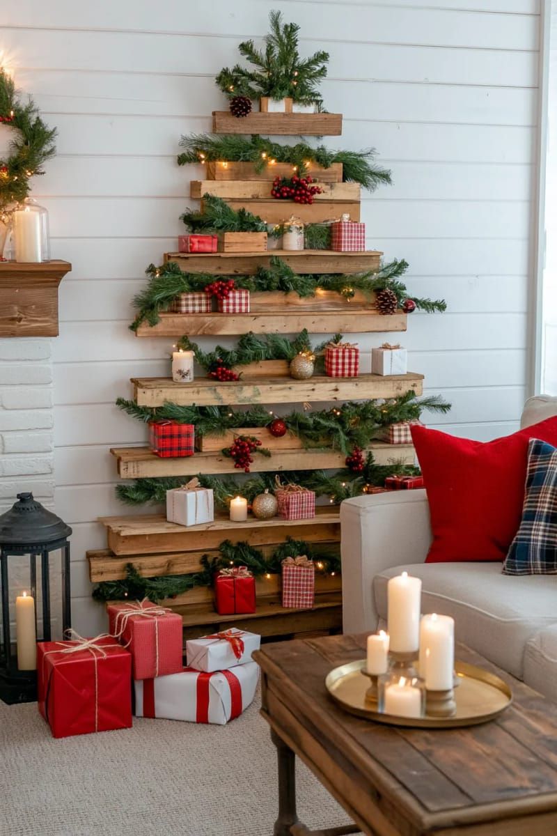 10. Pallet shelf tree with gifts and greenery