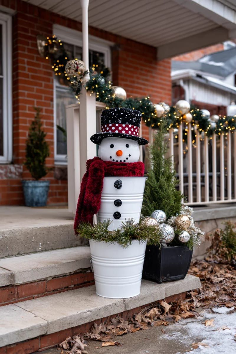 5. Porch snowman built from stacked white buckets