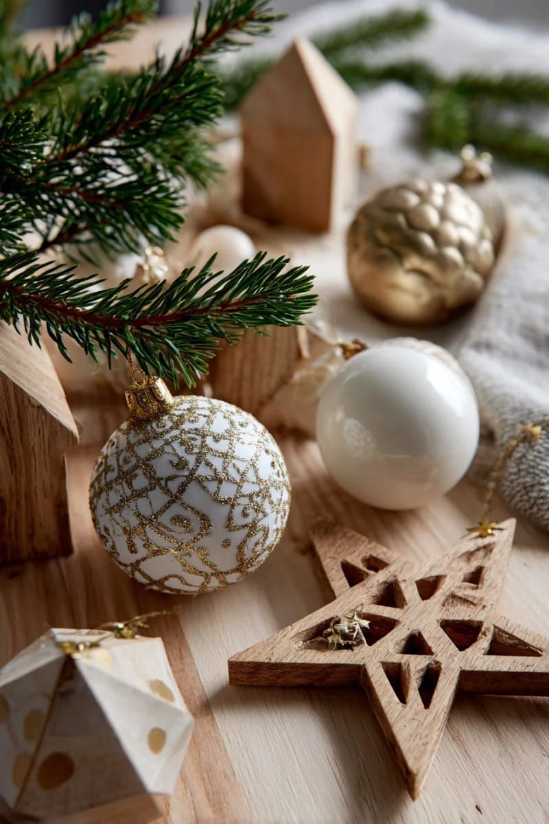 24. Gold and Ivory Baubles With Wood Ornaments - photo 2