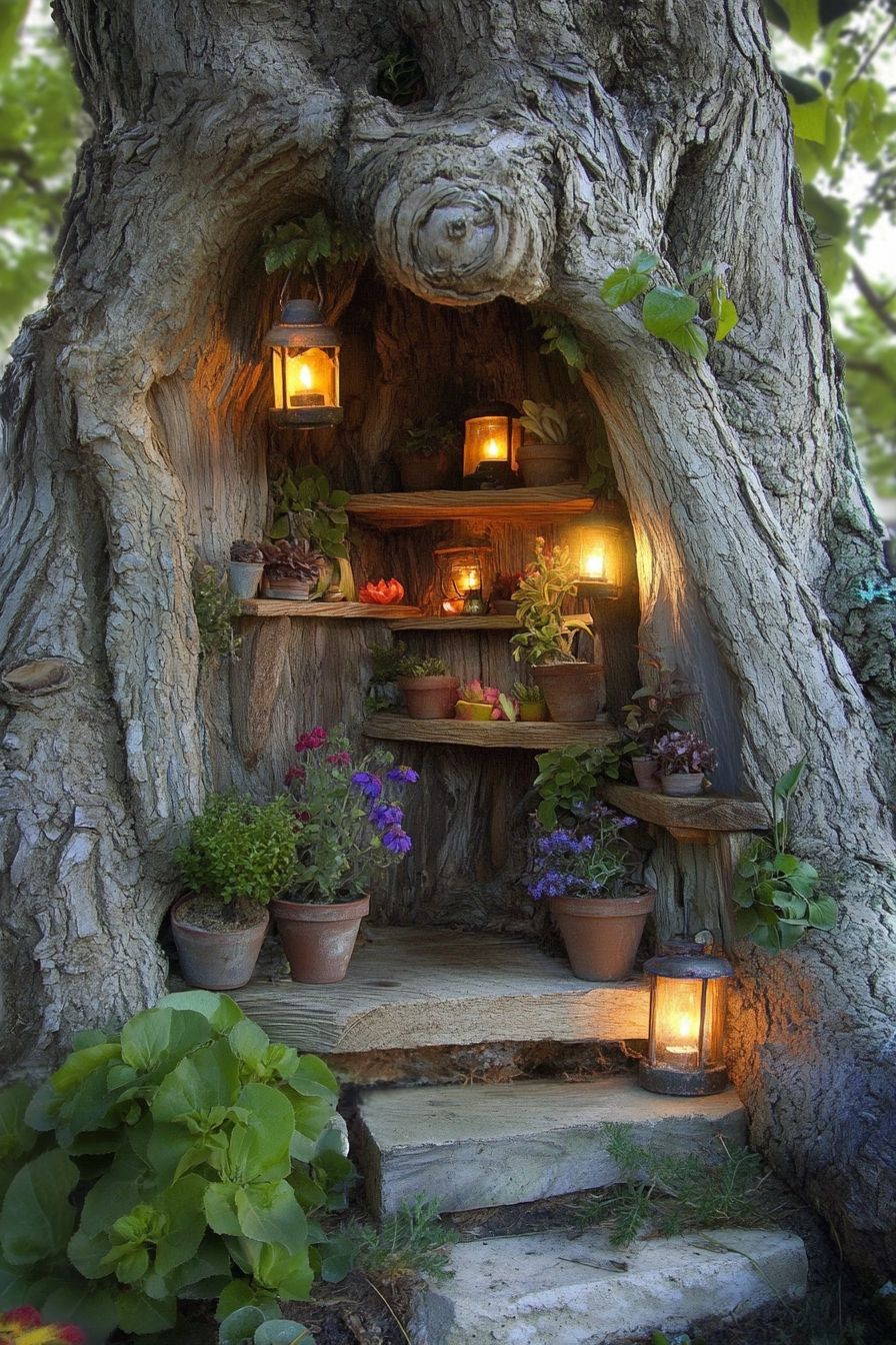 5. Turn a Hollow Tree Trunk Into a Mini Garden