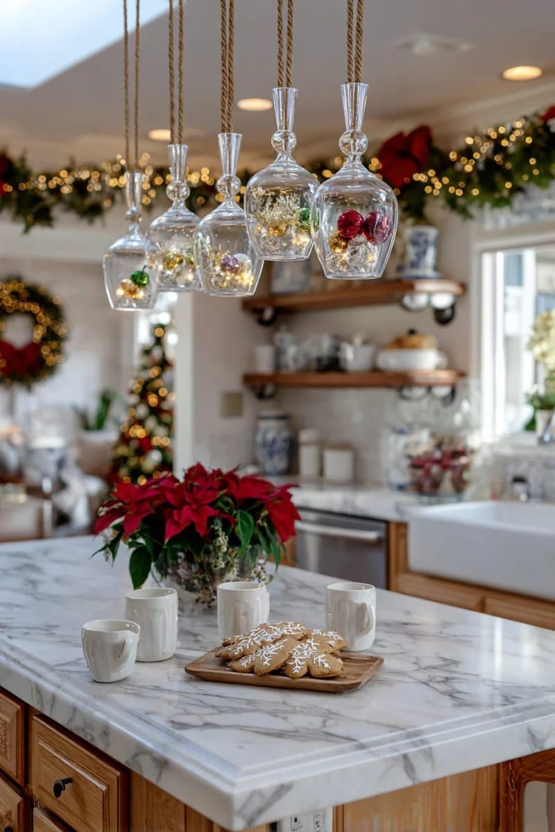13. Hanging inverted wine glasses containing ornaments and candles - photo 2