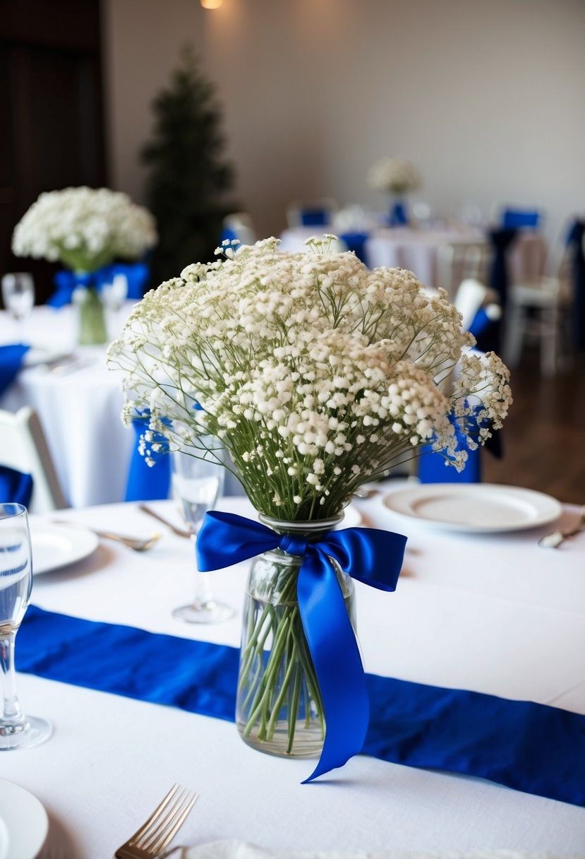 6) Baby's breath bouquets tied with blue ribbon